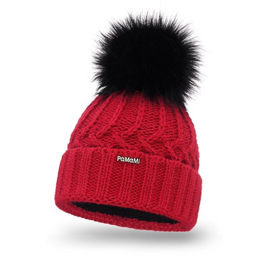 PaMaMi Zimowa czapka damska z pomponem - Czerwona ze sklepu JK-Collection w kategorii Czapki zimowe damskie - zdjęcie 166321466