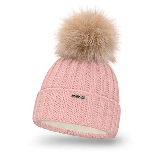 PaMaMi Ciepła czapka damska z futerkowym pomponem - Różowa ze sklepu JK-Collection w kategorii Czapki zimowe damskie - zdjęcie 166321485