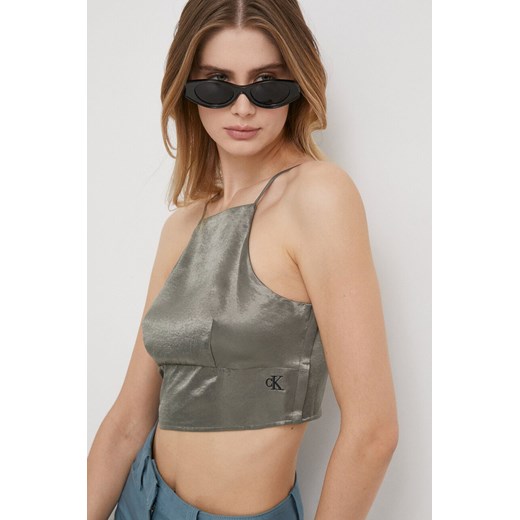 Calvin Klein Jeans top damski kolor zielony gładka ze sklepu ANSWEAR.com w kategorii Bluzki damskie - zdjęcie 166326578