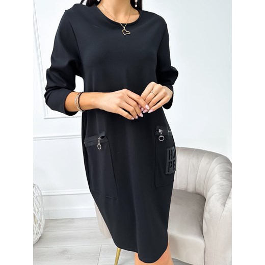 Czarna Sukienka Oversize z Kieszeniami ze sklepu ModnaKiecka.pl w kategorii Sukienki - zdjęcie 166383367