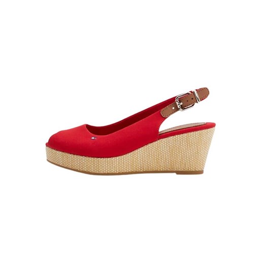 Sandały damskie Tommy Hilfiger czerwone z tkaniny z klamrą na koturnie 