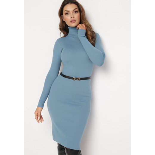 Niebieska Sweterkowa Sukienka Midi z Golfem i Wełną Arione ze sklepu Born2be Odzież w kategorii Sukienki - zdjęcie 166457497