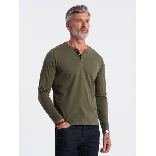 Longsleeve męski z dekoltem HENLEY - ciemnooliwkowy V1 OM-LSCL-0107 XL ombre