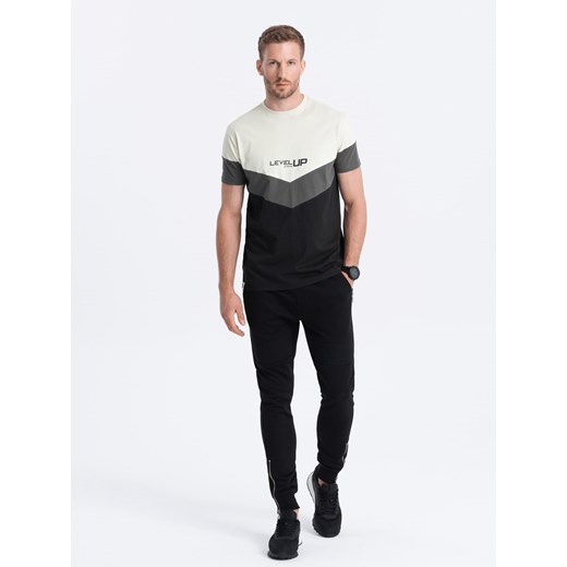 T-shirt męski bawełniany trójkolorowy z logo - czarno-grafitowy V2 S1747 M promocja ombre