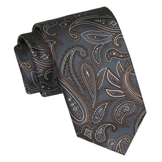 Angelo di Monti - Krawat Męski - Popielato-Brązowy w Duży Wzór Kwiatowy KRADM2087 ze sklepu JegoSzafa.pl w kategorii Krawaty - zdjęcie 166472555