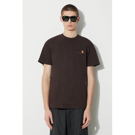 Carhartt WIP t-shirt bawełniany S/S American Script T-Shirt męski kolor brązowy z aplikacją I029956.47XX ze sklepu PRM w kategorii T-shirty męskie - zdjęcie 166480559