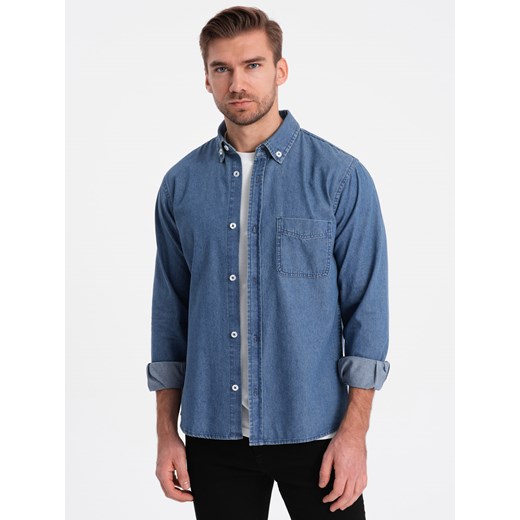 Klasyczna koszula męska jeansowa SLIM - niebieska OM-SHDS-0116 ze sklepu ombre w kategorii Koszule męskie - zdjęcie 166487587