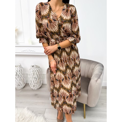 Sukienka Modnakiecka.pl kopertowa casual midi z paskiem z długimi rękawami 