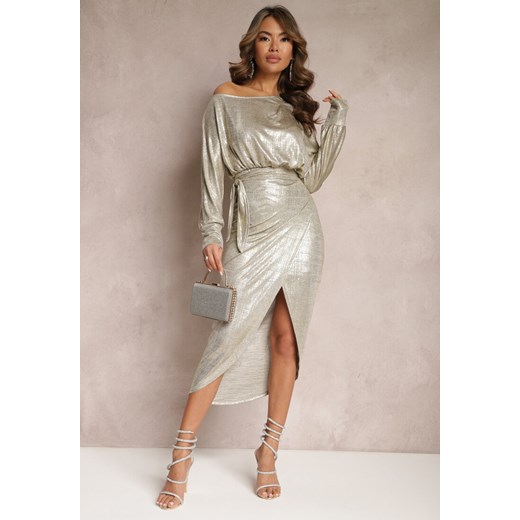 Złota Metaliczna Sukienka Asymetryczna z Wiązaniem Bellita ze sklepu Renee odzież w kategorii Sukienki - zdjęcie 166498866