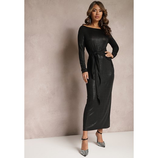 Czarna Połyskująca Sukienka Maxi z Wiązanym Paskiem Graice ze sklepu Renee odzież w kategorii Sukienki - zdjęcie 166498876