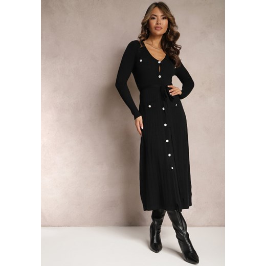 Czarna Sweterkowa Sukienka Maxi na Guziki z Wiązanym Paskiem Onykis ze sklepu Renee odzież w kategorii Sukienki - zdjęcie 166498926