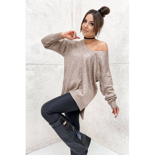 SWETER TUNIKA Z OZDOBNYM ZŁOTEM- BRĄZOWY Olika uniwersalny olika.com.pl