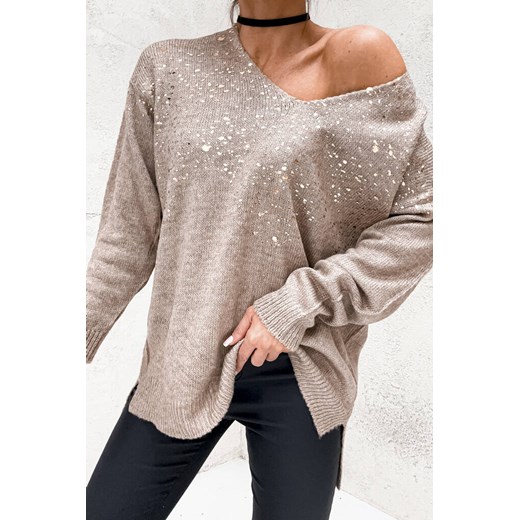 SWETER TUNIKA Z OZDOBNYM ZŁOTEM- BRĄZOWY Olika uniwersalny olika.com.pl