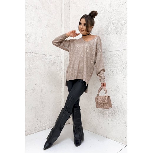 SWETER TUNIKA Z OZDOBNYM ZŁOTEM- BRĄZOWY Olika uniwersalny olika.com.pl