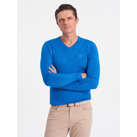 Elegancki sweter męski z dekoltem w serek - niebieski V19 OM-SWBS-0107 ze sklepu ombre w kategorii Swetry męskie - zdjęcie 166594556