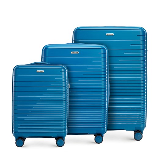Zestaw walizek z polipropylenu z błyszczącymi paskami niebieski ze sklepu WITTCHEN w kategorii Walizki - zdjęcie 166596608