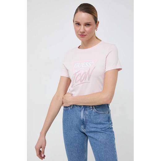 Guess t-shirt bawełniany ICON damski kolor różowy W4RI41 I3Z14 ze sklepu ANSWEAR.com w kategorii Bluzki damskie - zdjęcie 166605676