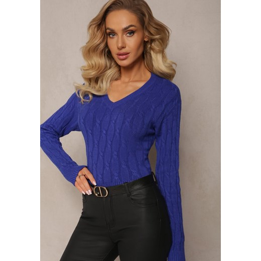 Niebieski Sweter z Dekoltem w Serek i Warkoczykowym Splotem Silmirra ze sklepu Renee odzież w kategorii Swetry damskie - zdjęcie 166625786