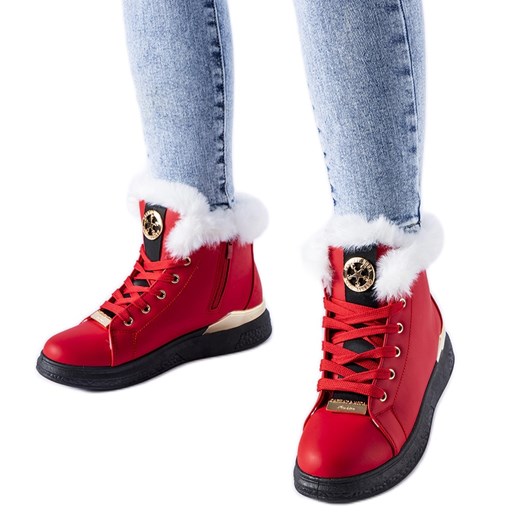 Czerwone sneakersy z białym futerkiem Fiemme ze sklepu ButyModne.pl w kategorii Botki - zdjęcie 166652145