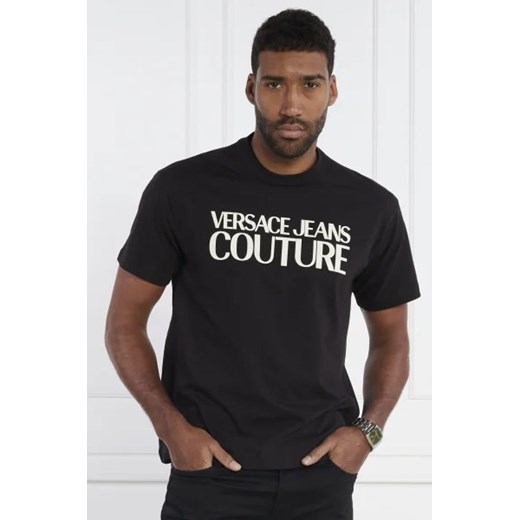 T-shirt męski czarny Versace Jeans w stylu młodzieżowym z napisami z bawełny 