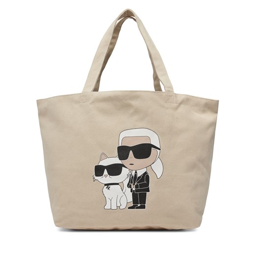Karl Lagerfeld shopper bag z nadrukiem beżowa na ramię młodzieżowa duża 