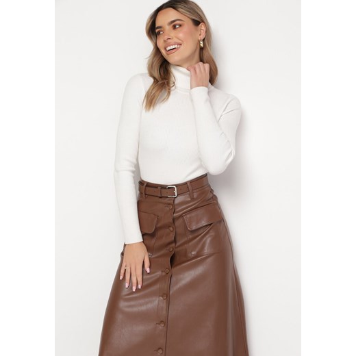 Brązowa Trapezowa Spódnica Midi z Ekoskóry na Guziki i Paskiem Stardia L okazja Born2be Odzież