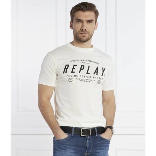 T-shirt męski biały Replay z napisem z krótkimi rękawami 