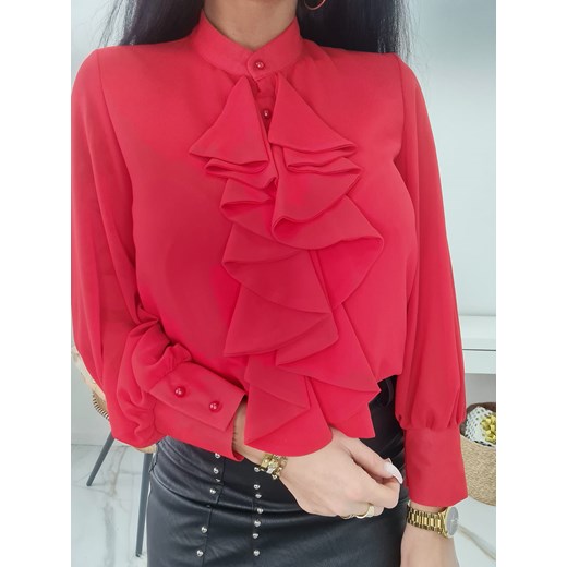 Bluzka damska czerwona Moda Italia z długim rękawem z dekoltem v 