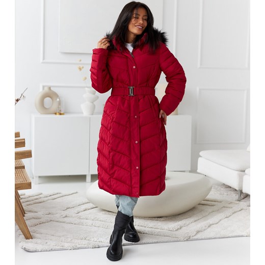 Czerwona długa kurtka z paskiem Oberto ze sklepu gemre w kategorii Kurtki damskie - zdjęcie 166946228