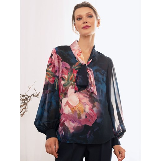 Granatowa bluzka w kwiaty Potis & Verso Scarlett ze sklepu Eye For Fashion w kategorii Bluzki damskie - zdjęcie 166982376