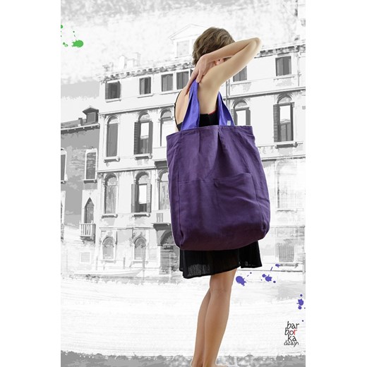 Torba shopper ekologiczna lniana XXL mybaze-com granatowy bez wzorów/nadruków