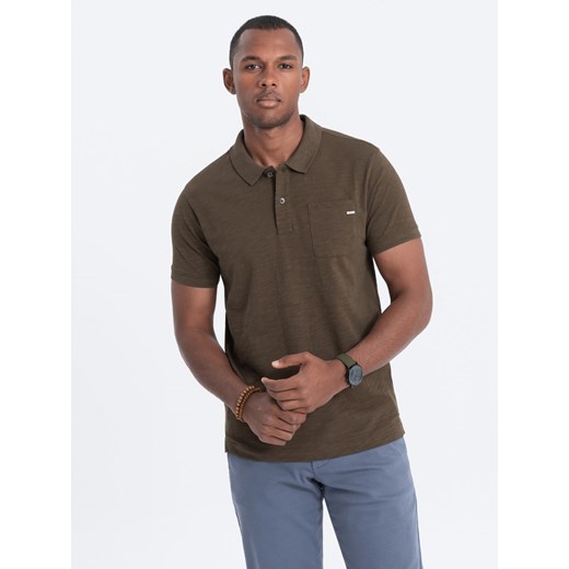 T-shirt męski polo z ozdobnymi guzikami - ciemnooliwkowa V5 S1744 ze sklepu ombre w kategorii T-shirty męskie - zdjęcie 167337519