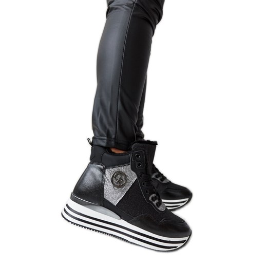 Czarne ocieplane sneakersy z brokatem Deleon ze sklepu ButyModne.pl w kategorii Buty sportowe damskie - zdjęcie 167409795