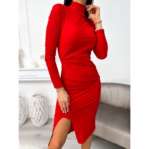 Czerwona Sukienka z Marszczeniem ze sklepu ModnaKiecka.pl w kategorii Sukienki - zdjęcie 167410998