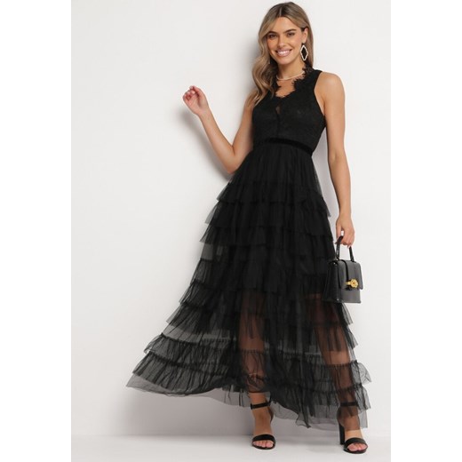Czarna Sukienka Maxi z Koronką i Siateczkowymi Falbanami Danela ze sklepu Born2be Odzież w kategorii Sukienki - zdjęcie 167421679