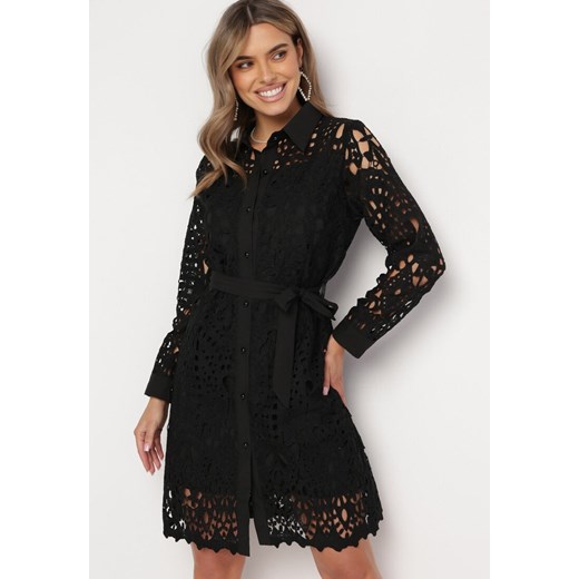 Czarna Ażurowa Sukienka Koszulowa Mini z Wiązanym Paskiem Jolira ze sklepu Born2be Odzież w kategorii Sukienki - zdjęcie 167421707