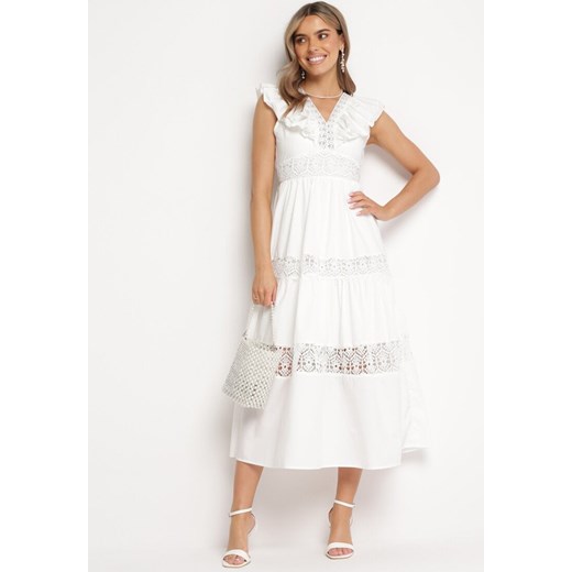 Biała Rozkloszowana Sukienka Maxi z Falbanką i Koronką Gavria ze sklepu Born2be Odzież w kategorii Sukienki - zdjęcie 167421735