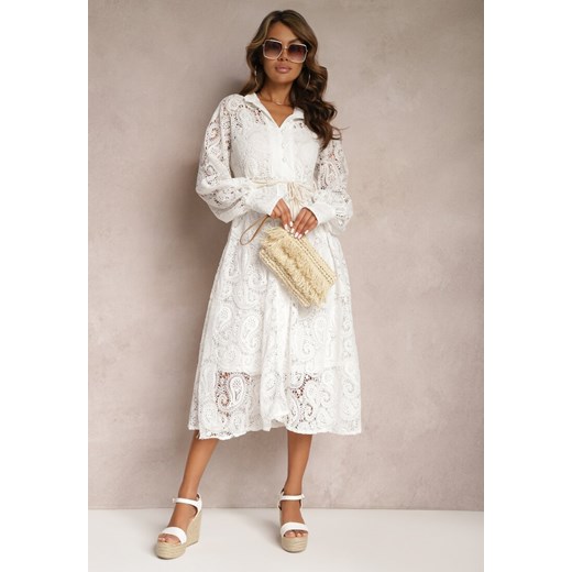 Biała Koronkowa Sukienka Midi z Ozdobnym Wiązaniem Camaela ze sklepu Renee odzież w kategorii Sukienki - zdjęcie 167447179