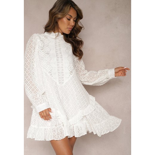 Biała Ażurowa Sukienka Mini o Rozkloszowanym Fasonie z Falbankami Beline ze sklepu Renee odzież w kategorii Sukienki - zdjęcie 167447186