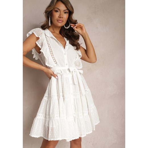 Biała Koronkowa Sukienka Koszulowa z Falbankami i Wiązanym Paskiem Lucerna ze sklepu Renee odzież w kategorii Sukienki - zdjęcie 167447216