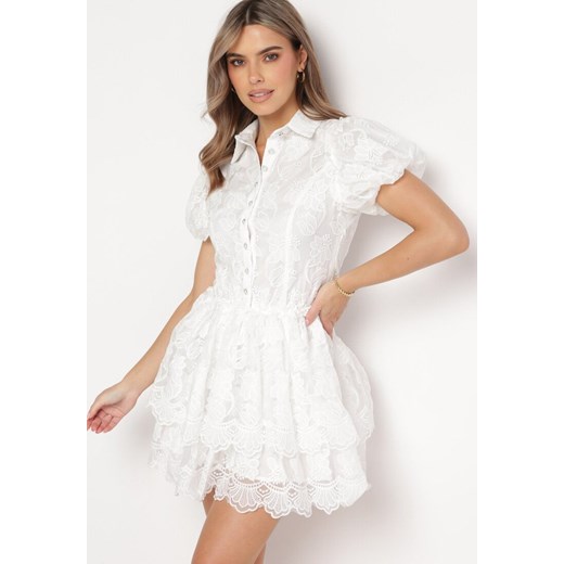 Biała Koronkowa Sukienka Mini w Kwiaty z Bufiastymi Rękawami Cervi ze sklepu Born2be Odzież w kategorii Sukienki - zdjęcie 167448767