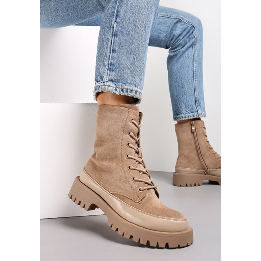 Ciemnobeżowe Sznurowane Botki Workery z Imitacji Zamszu z Lakierowaną Wstawką Renee 41 wyprzedaż renee.pl