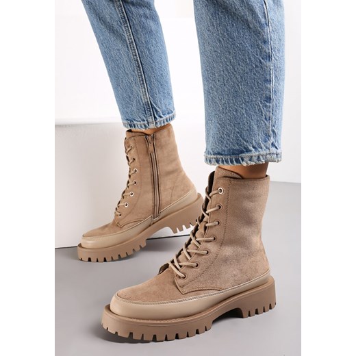 Ciemnobeżowe Sznurowane Botki Workery z Imitacji Zamszu z Lakierowaną Wstawką Renee 40 okazja renee.pl