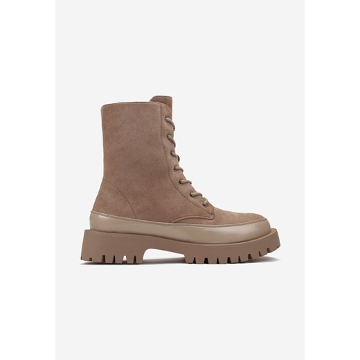 Ciemnobeżowe Sznurowane Botki Workery z Imitacji Zamszu z Lakierowaną Wstawką Renee 37 okazyjna cena renee.pl