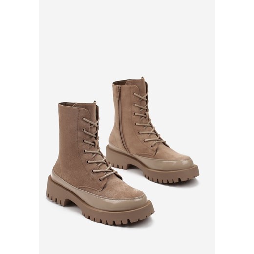 Ciemnobeżowe Sznurowane Botki Workery z Imitacji Zamszu z Lakierowaną Wstawką Renee 41 wyprzedaż renee.pl