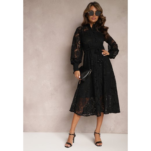 Czarna Koronkowa Sukienka Midi z Ozdobnym Wiązaniem Camaela ze sklepu Renee odzież w kategorii Sukienki - zdjęcie 167521969