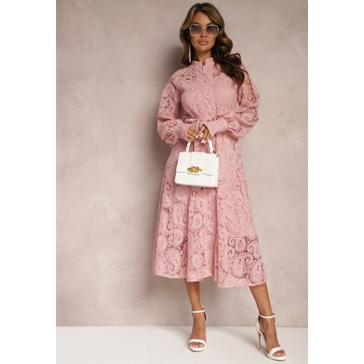 Różowa Koronkowa Sukienka Midi z Ozdobnym Wiązaniem Camaela Renee S okazja Renee odzież