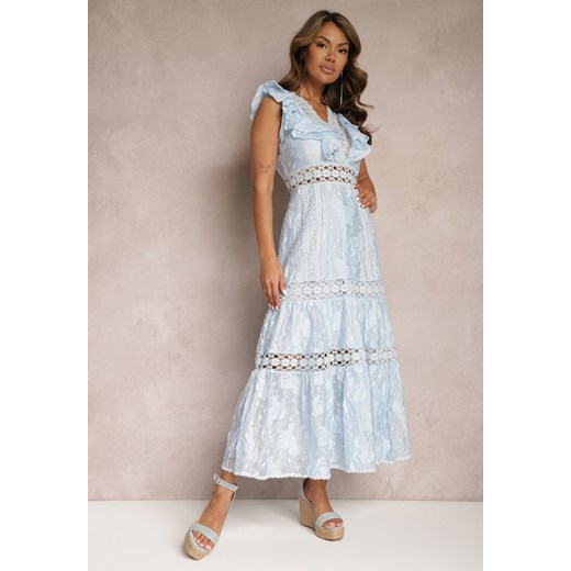 Jasnoniebieska Koronkowa Sukienka z Ażurowymi Wstawkami i Falbanką Rehlia ze sklepu Renee odzież w kategorii Sukienki - zdjęcie 167522048