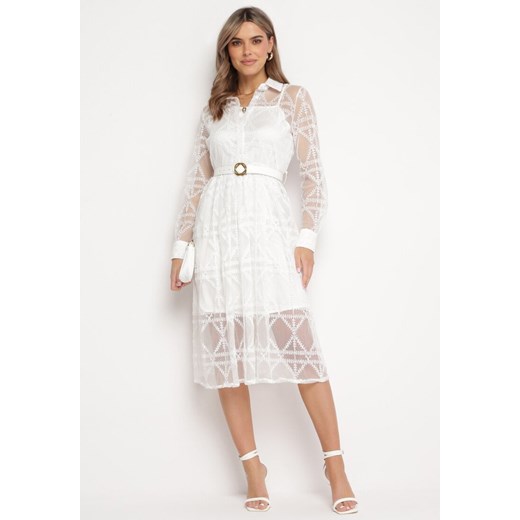 Biała Rozkloszowana Sukienka Midi z Haftowanej Tkaniny Abdiela ze sklepu Born2be Odzież w kategorii Sukienki - zdjęcie 167526205