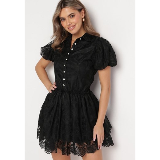 Czarna Koronkowa Sukienka Mini w Kwiaty z Bufiastymi Rękawami Cervi ze sklepu Born2be Odzież w kategorii Sukienki - zdjęcie 167526247